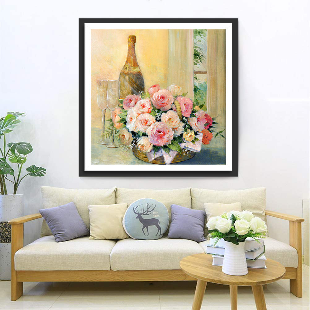 Pink Flowers and Wine Diamond Painting