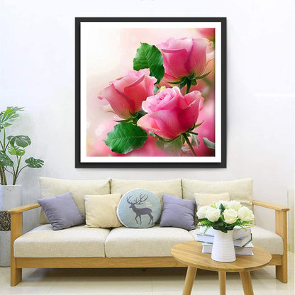 Pink roses and green leaves diamond painting