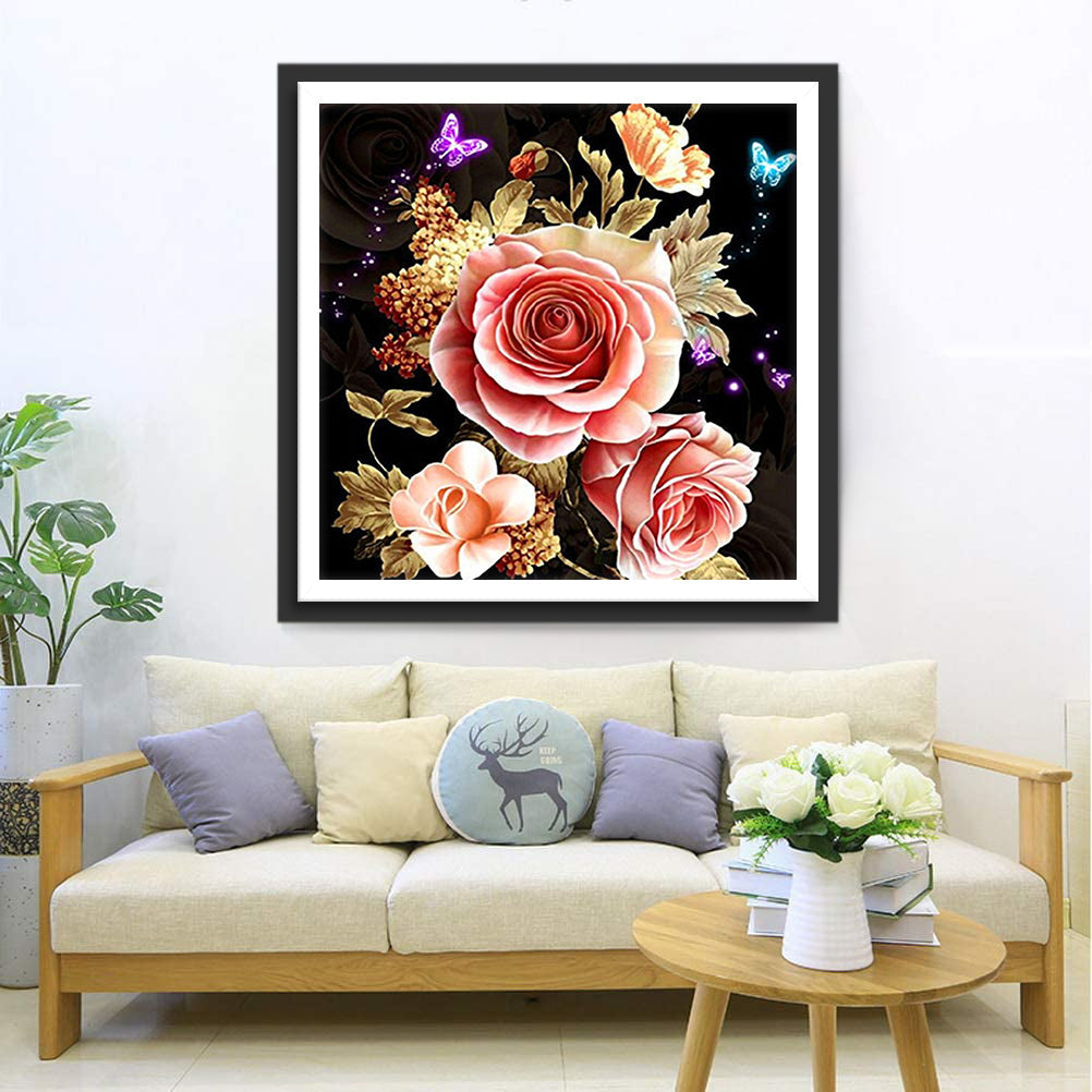 Rosa Rosen, goldene Bl?tter und Schmetterlinge Diamond Painting