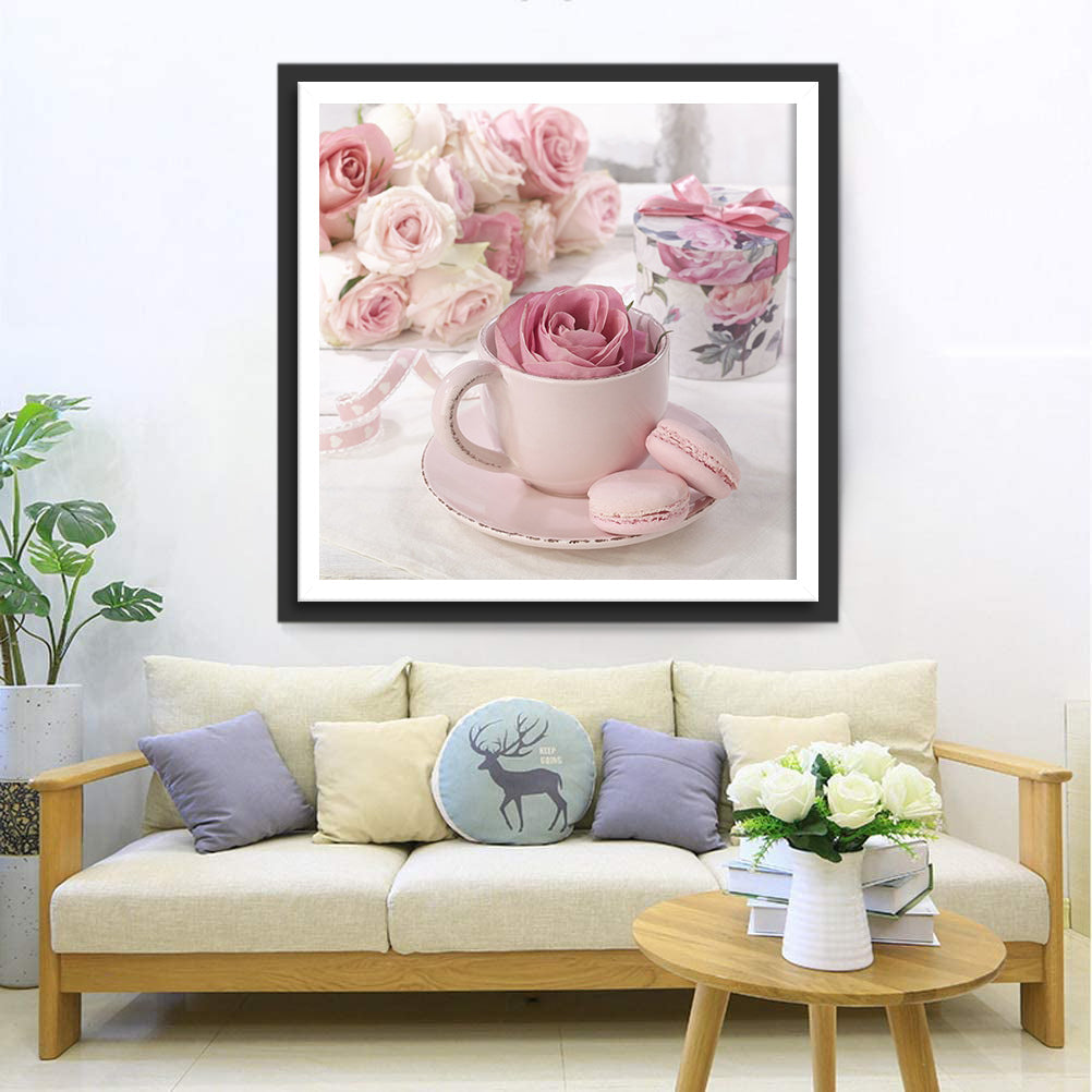 Rosen, Tasse und Macaron Diamond Painting