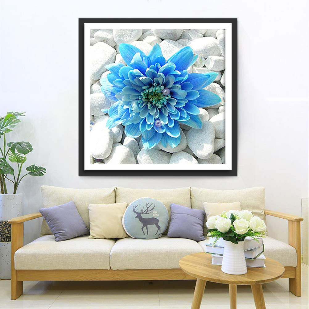 Blue chrysanthemum on white stones diamond painting