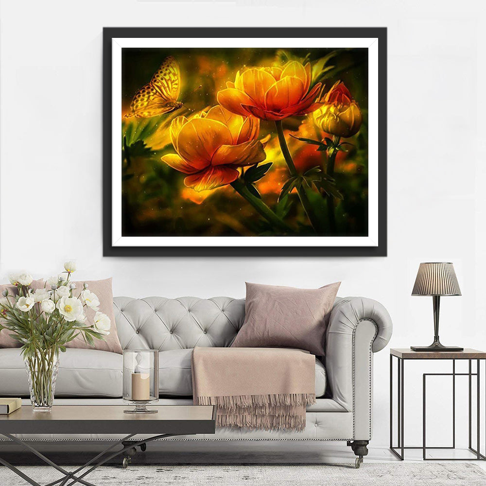 Golden Flowers and Butterfly Diamond Painting