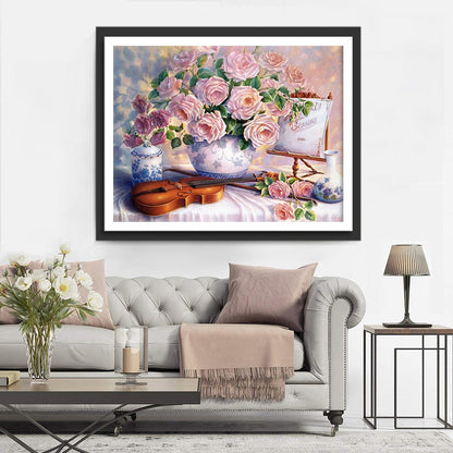 Pink Roses, Porcelain and Violin Diamond Painting