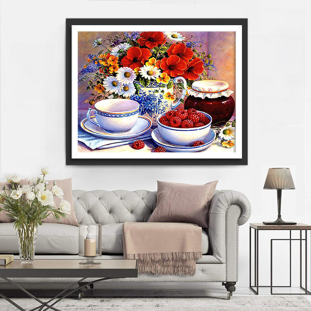 Porzellane, Blumen und Himbeeren Diamond Painting