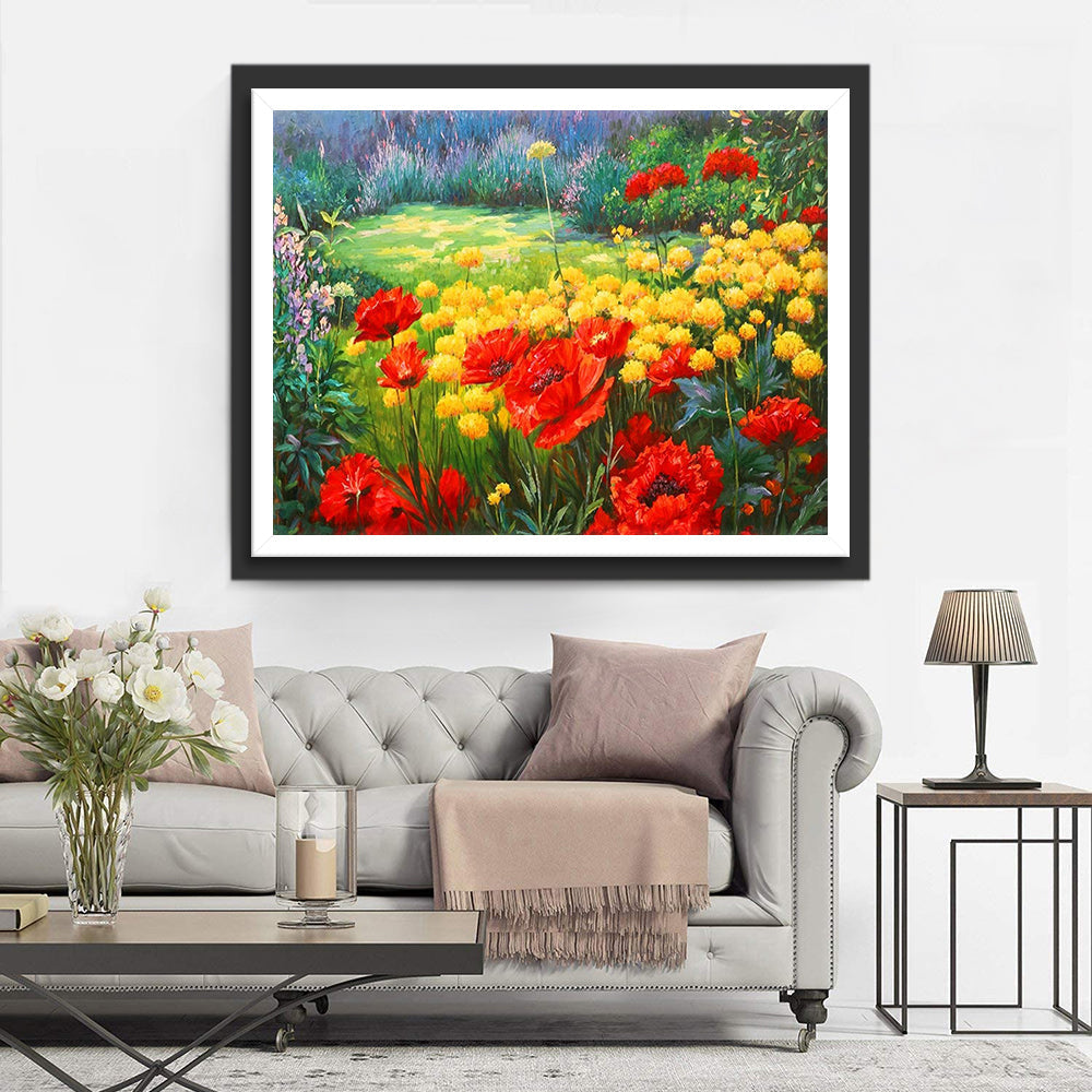 Rote und gelbe Blumen im Garten Diamond Painting