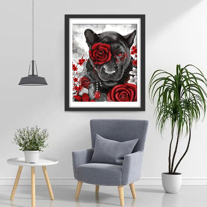 Lion noir dans la peinture de diamant de roses rouges