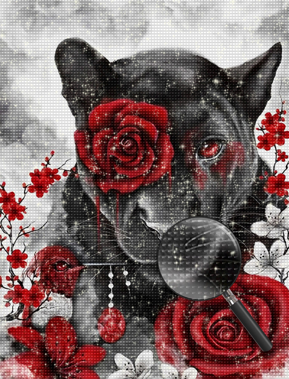 Black lion in red roses diamond painting