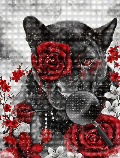 Lion noir dans la peinture de diamant de roses rouges