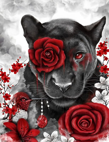 Lion noir dans la peinture de diamant de roses rouges