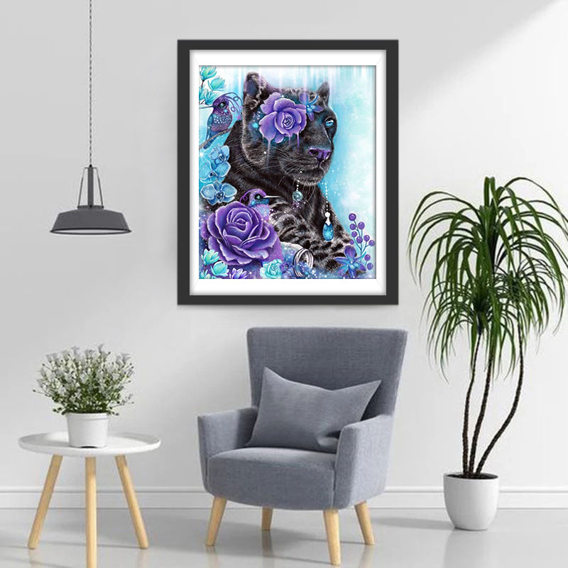 Peinture au diamant Lion noir et fleurs violettes