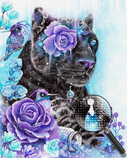 Peinture au diamant Lion noir et fleurs violettes