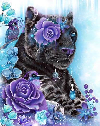 Peinture au diamant Lion noir et fleurs violettes