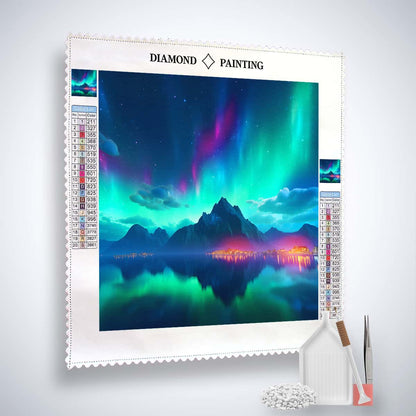 AB Diamond Painting - Polarlichter mit leuchtender Stadt