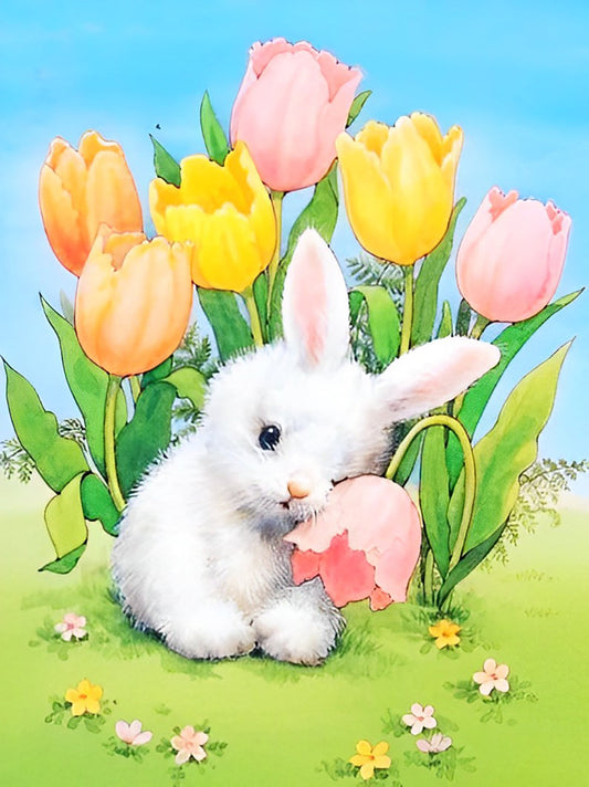 Peinture au diamant de lapin blanc et de tulipes