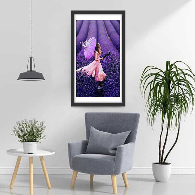 Purple lavender field and beautiful woman diamond painting