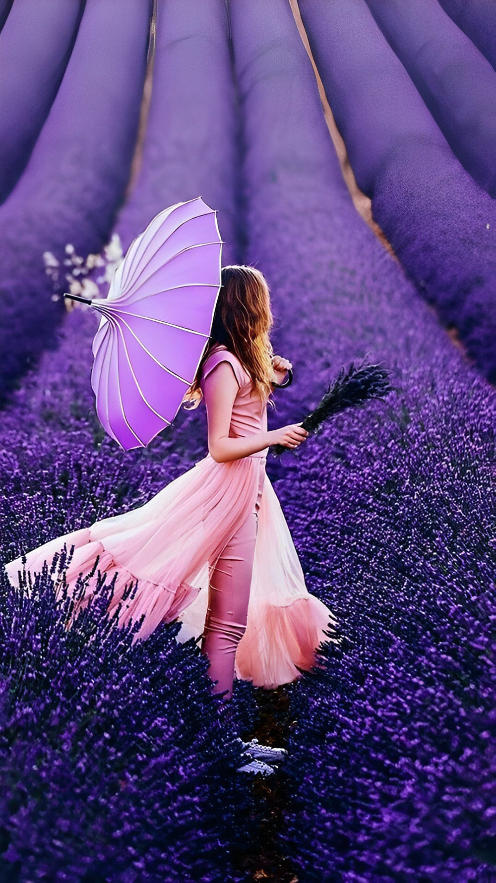 Purple lavender field and beautiful woman diamond painting