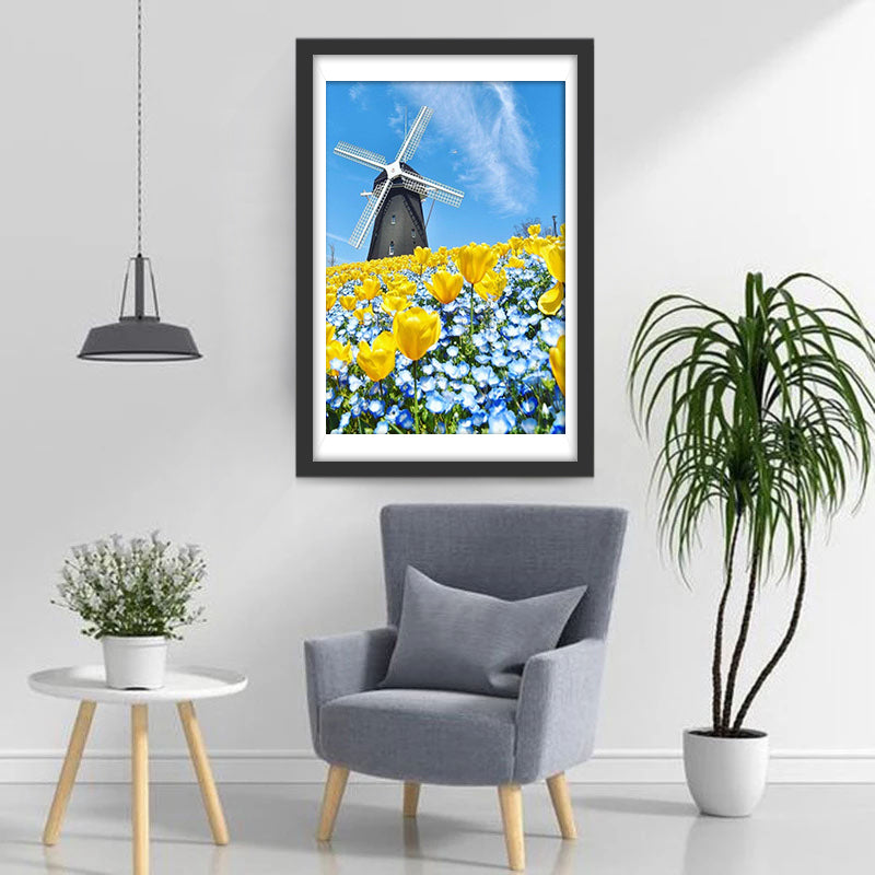 Gelbe Tulpen, blaue Blumen und Windrad Diamond Painting