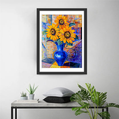 Drei Sonnenblumen in der blauen Vase Diamond Painting