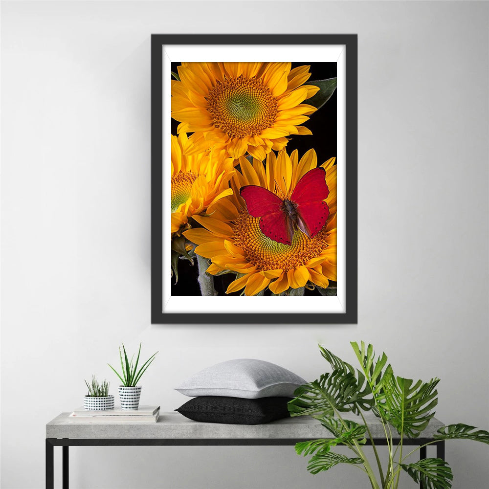 Sonnenblumen und roter Schmetterling Diamond Painting