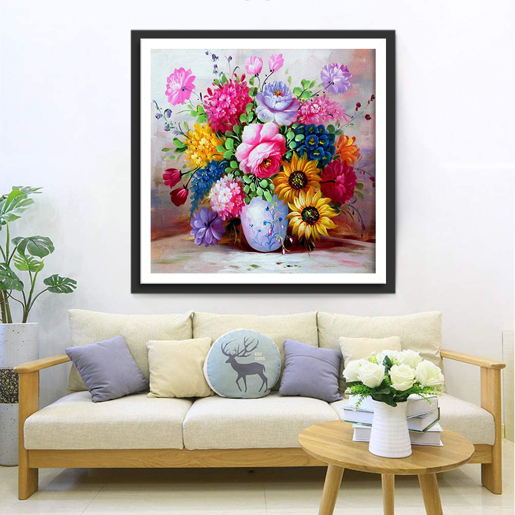 Bunte Blumen in der wei?en Flasche Diamond Painting