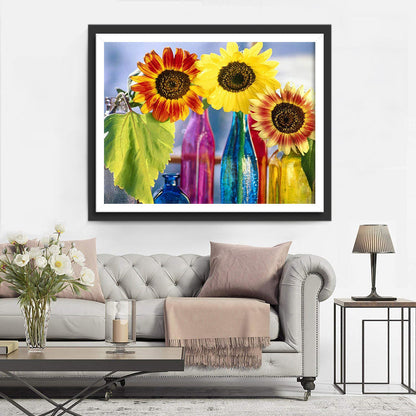 Sonnenblumen in bunten Glasflachen Diamond Painting