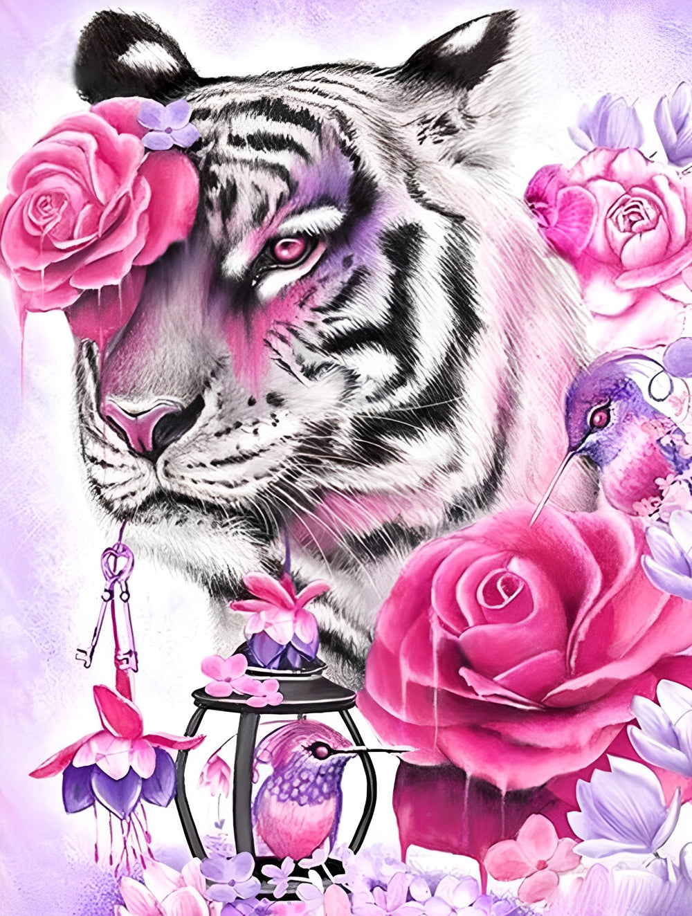 Tiger, Rosen und V?gel Diamond Painting