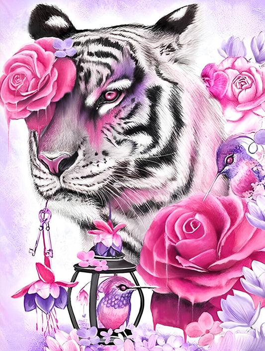 Peinture diamant tigres, roses et oiseaux