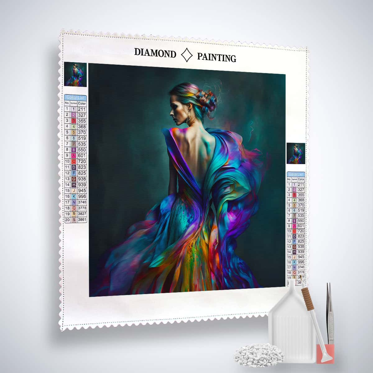 AB Diamond Painting - Frau mit buntem Kleid auf schwarzem Hintergrund