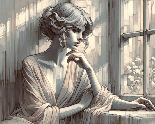 Thinking of you: Frau blickt aus Fenster