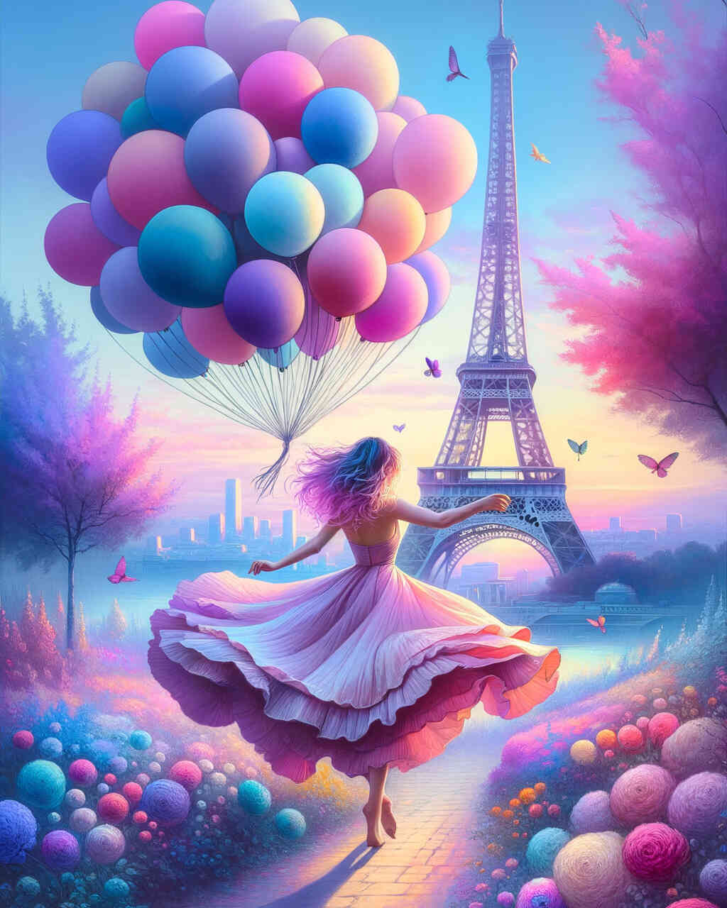 Light as a feather: woman with balloons at the Eiffel Tower