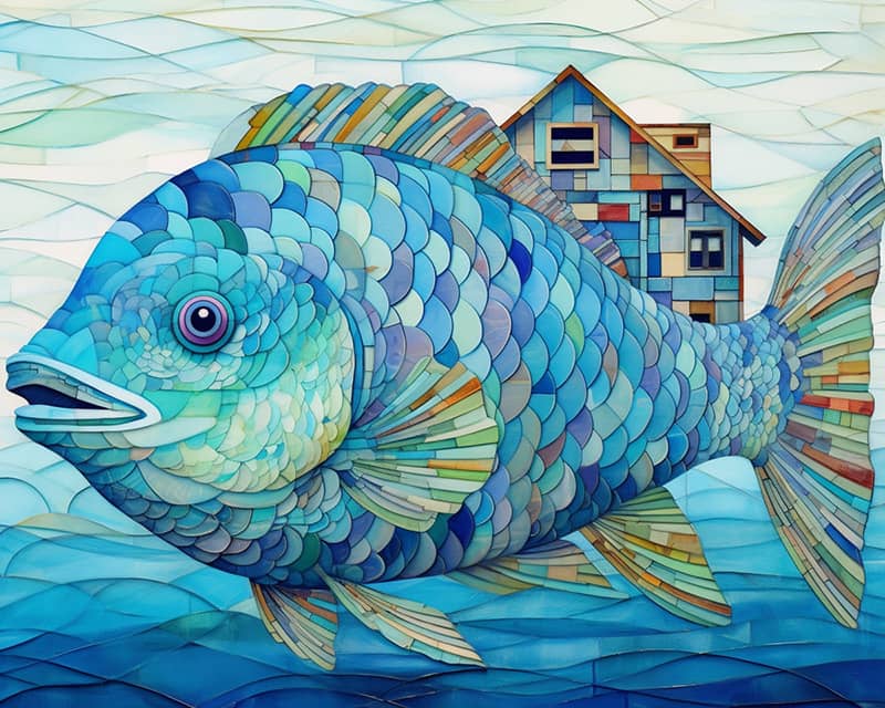 The fat blue fish with the house