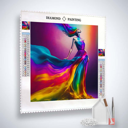 AB Diamond Painting - Frau mit Regenbogenkleid im Licht